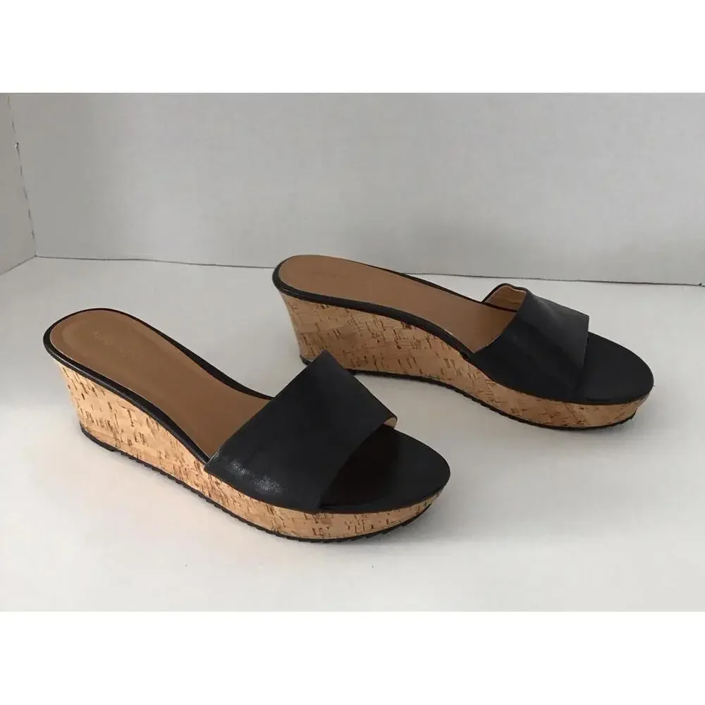 Nine West Black Leather Cork Wedge Slide on Sandal Woman’s Size 9.5 - Picture 3 of 9